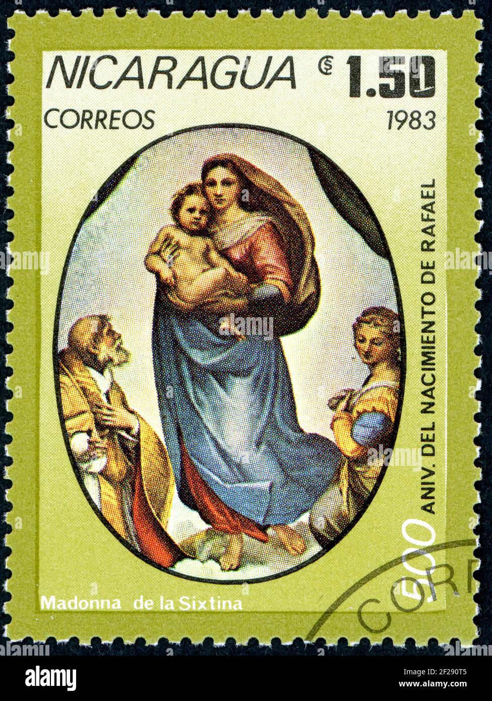 NICARAGUA - CIRCA 1983: Un francobollo stampato in Nicaragua, raffigurato il dipinto di Raffaello - Madonna Sistina, circa 1983 Foto Stock