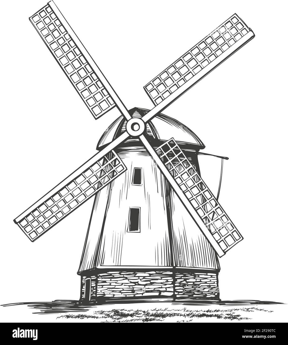 antico mulino a vento, edificio architettonico vintage disegno a mano vettore illustrazione realistico schizzo. Illustrazione Vettoriale