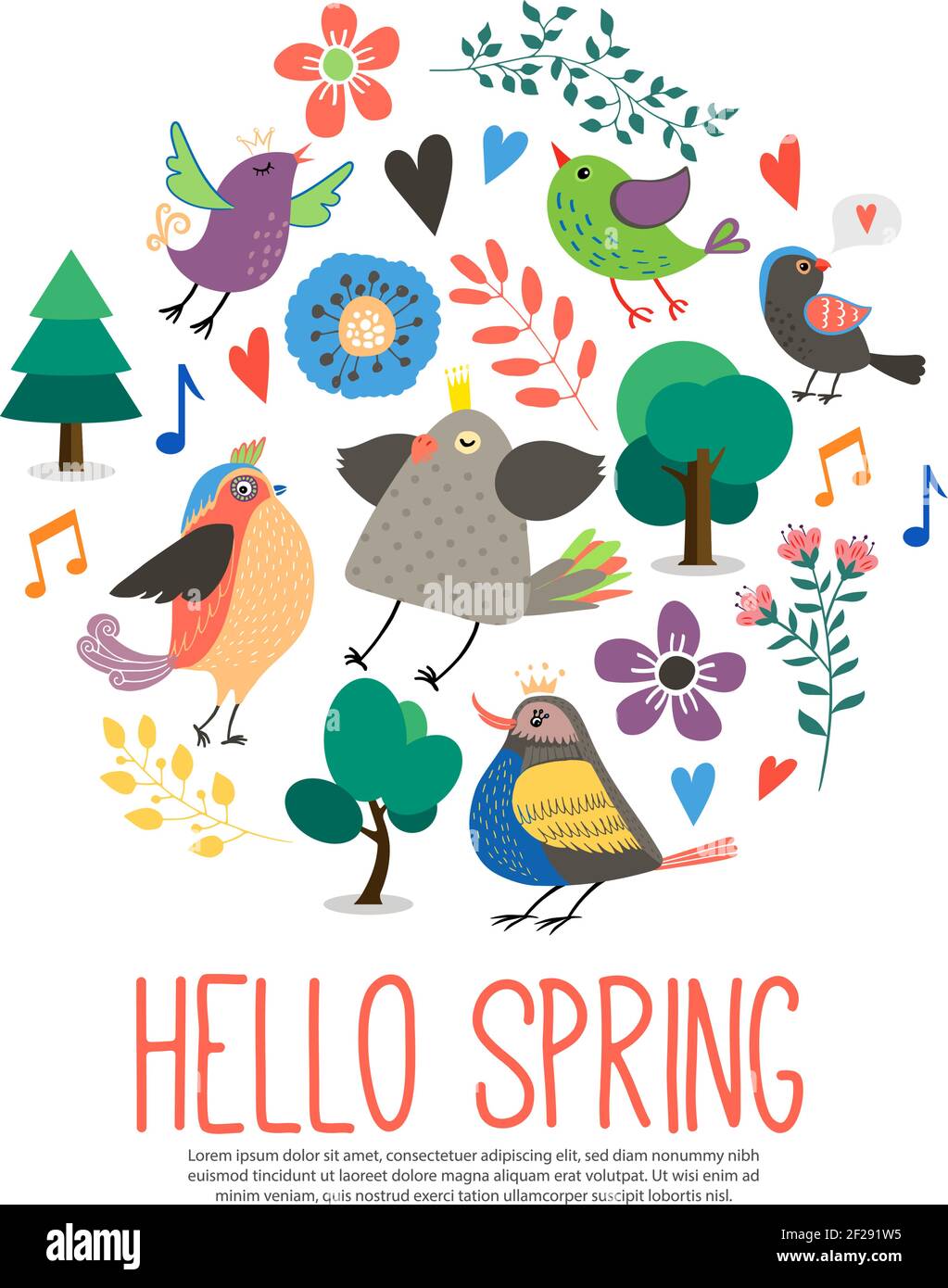 Flat hello concetto di primavera con splendidi uccelli canori colorati alberi graziosi fiori musica note isolato vettore illustrazione Illustrazione Vettoriale