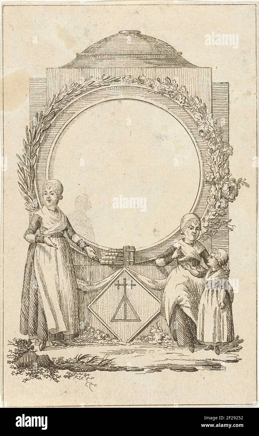 Vignet ha incontrato vrouwen en meisje bij medaillon.Vignet con due donne e una ragazza a un medaglione su un pianale. Il medaglione è circondato da una corona d'alloro, rami di alunaggio e un roseto ed è adatto per la registrazione. C'è una pila di libri nel mezzo del Piewaldstal. Foto Stock