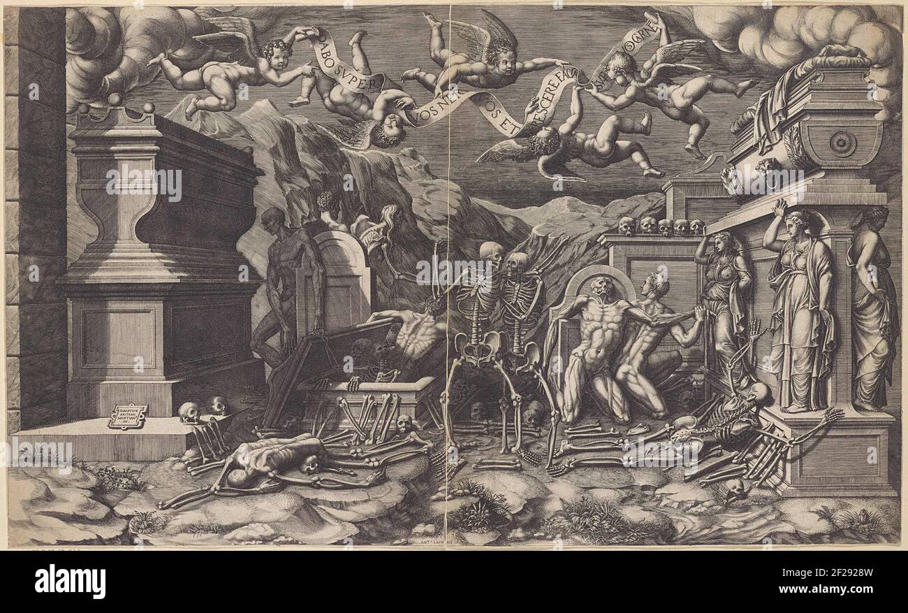 Visioen van Ezechiël sopra het dal van beenderen.The profeta Ezechiele ha una visione della valle piena di ossa aride ricoperte di carne e venire in vita. Diversi sarcofagi e lapidi sparsi dallo spettacolo. Sopra galleggianti cinque putti che insieme tengono un Badero con il testo: Dabo Super Vos Ner Vos et Succere Facia SUP Vos Carne. Foto Stock