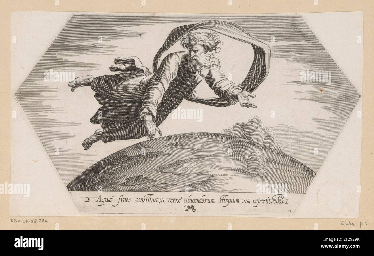 Dio separa le acque; dipinti nella Loggia di Rafael; la Sacra Genesi.II giorno della creazione in cui Dio separa le acque in alto e in basso. Legal under numerato: 2. Riferimento al testo della Bibbia in undermarge. Foto Stock