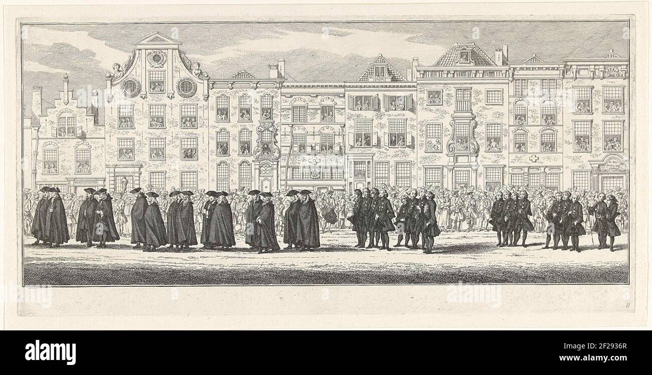 Membri degli Stati generali e Lofts nel campo di Anna van Hannover a Delft, 1759; liste della principessa Anna van Hanover a Delft. Membri e personale degli Stati dell'Olanda e della Frisia occidentale. Parte di una serie di 16 lastre in stampa del cadavere della principessa Anna van Hannover a Delft il 23 febbraio 1759. Foto Stock