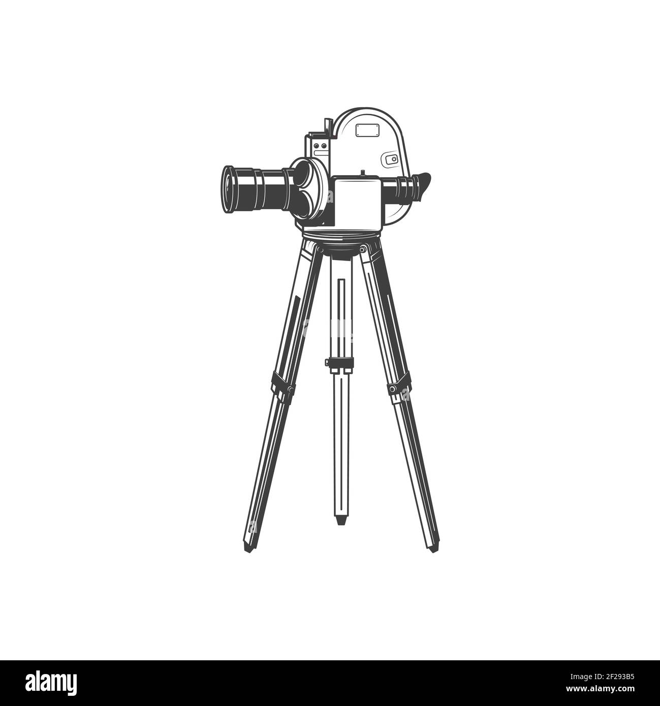 Videocamera retro su icona monocromatica isolata da treppiede. Proiettore di pellicole vettoriali, simbolo dell'immagine in movimento. Tempo di film, fotocamera professionale vintage. CIN Illustrazione Vettoriale