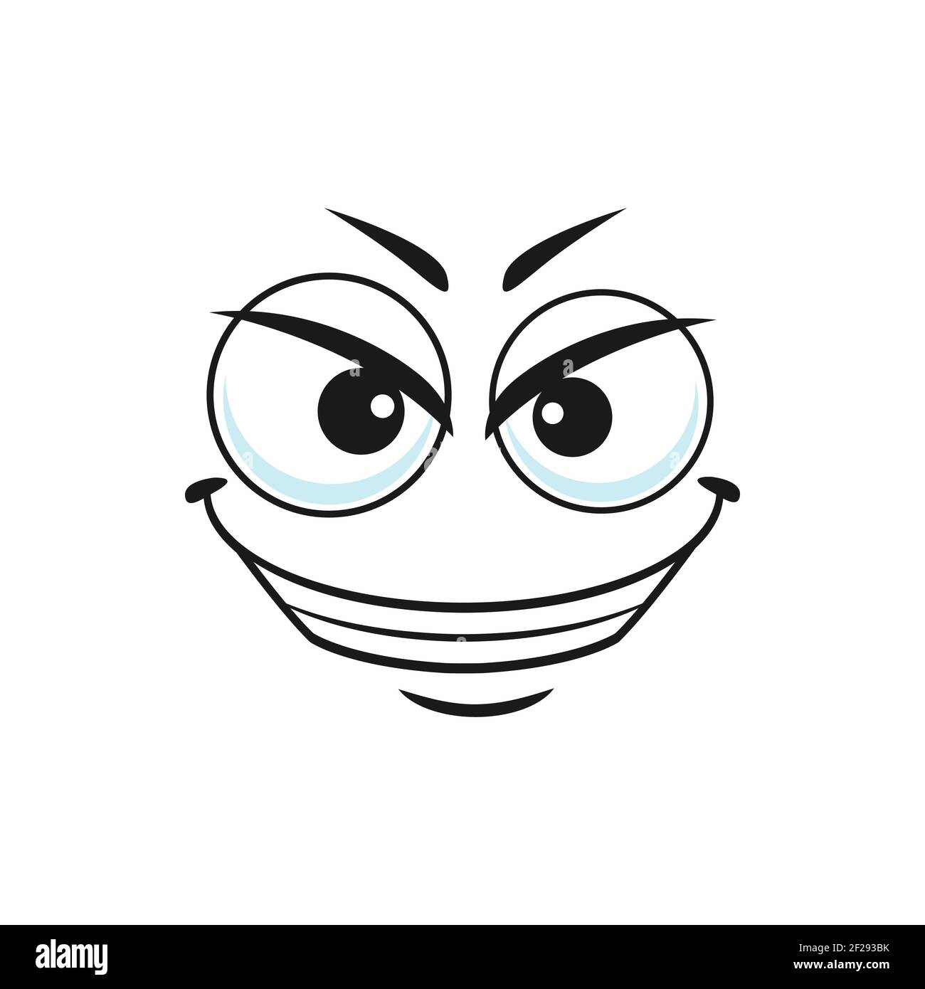 Emoticon sospette con icona deriva isolata del volto. Emoji satirico vettoriale con grandi occhi e sorriso, smiley scornful e quizzical linea art Illustrazione Vettoriale