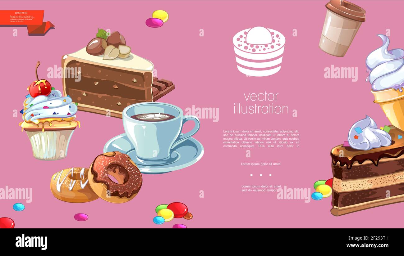 Cartoon prodotti dolci modello con cioccolato bar torte tazze di ciambelle  di caffè cupcake gomme da masticare gelato nel cono di waffle illustrazione  vettoriale Immagine e Vettoriale - Alamy