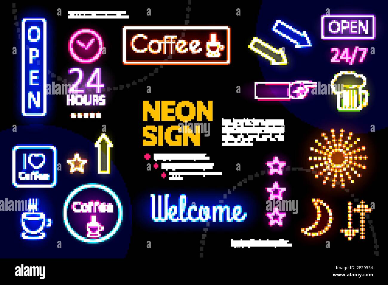 Composizione di insegne pubblicitarie al neon illuminate con iscrizioni elettriche cornici colorate frecce caffè tazze birra vetro stelle che indicano la mano isolato Illustrazione Vettoriale