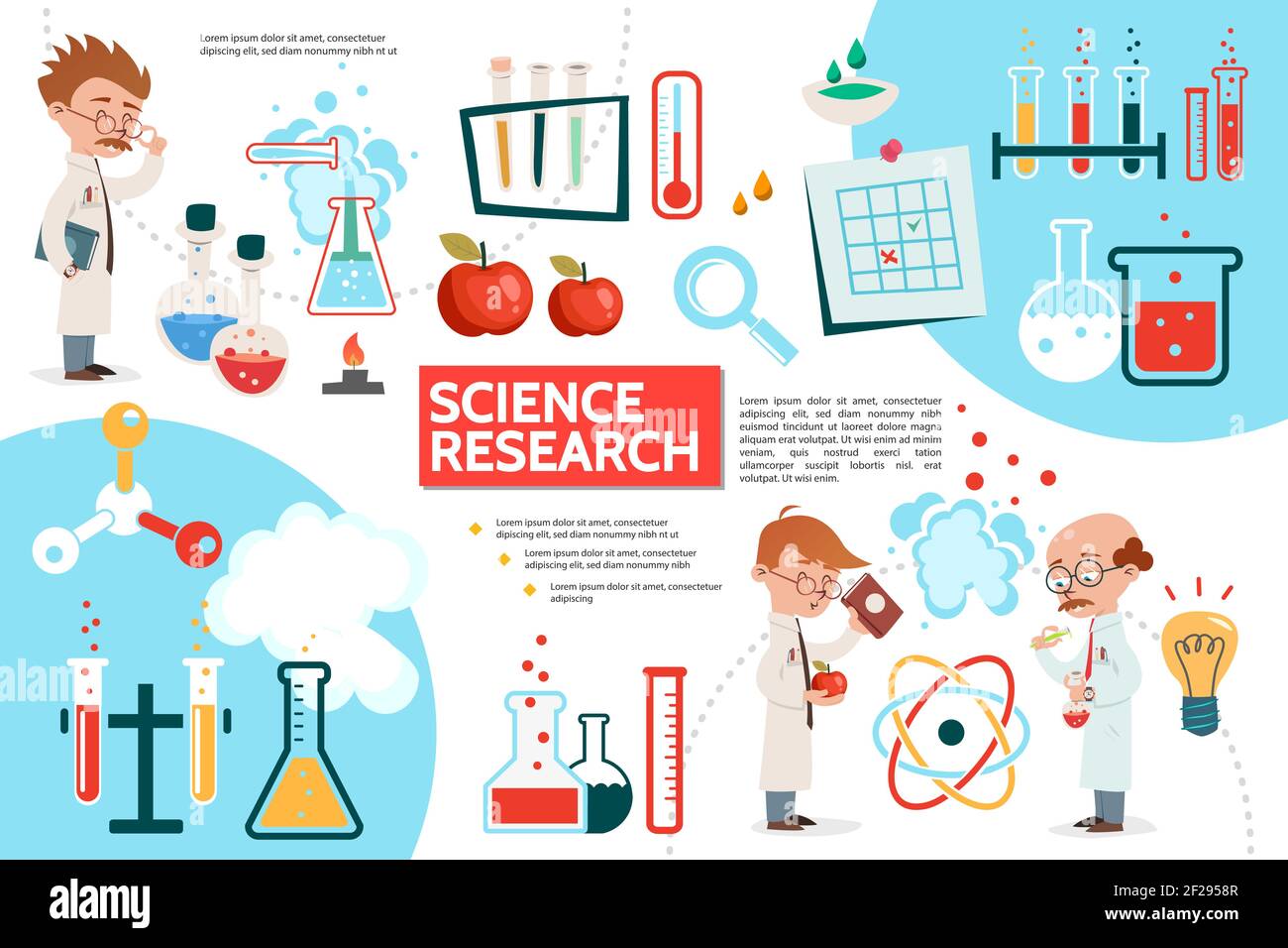 Modello infografico di scienze piatte con ricerche scientifiche, mele, esperimenti di laboratorio provette matracci bulbo nota lente di ingrandimento scienziati termometro atomo Illustrazione Vettoriale