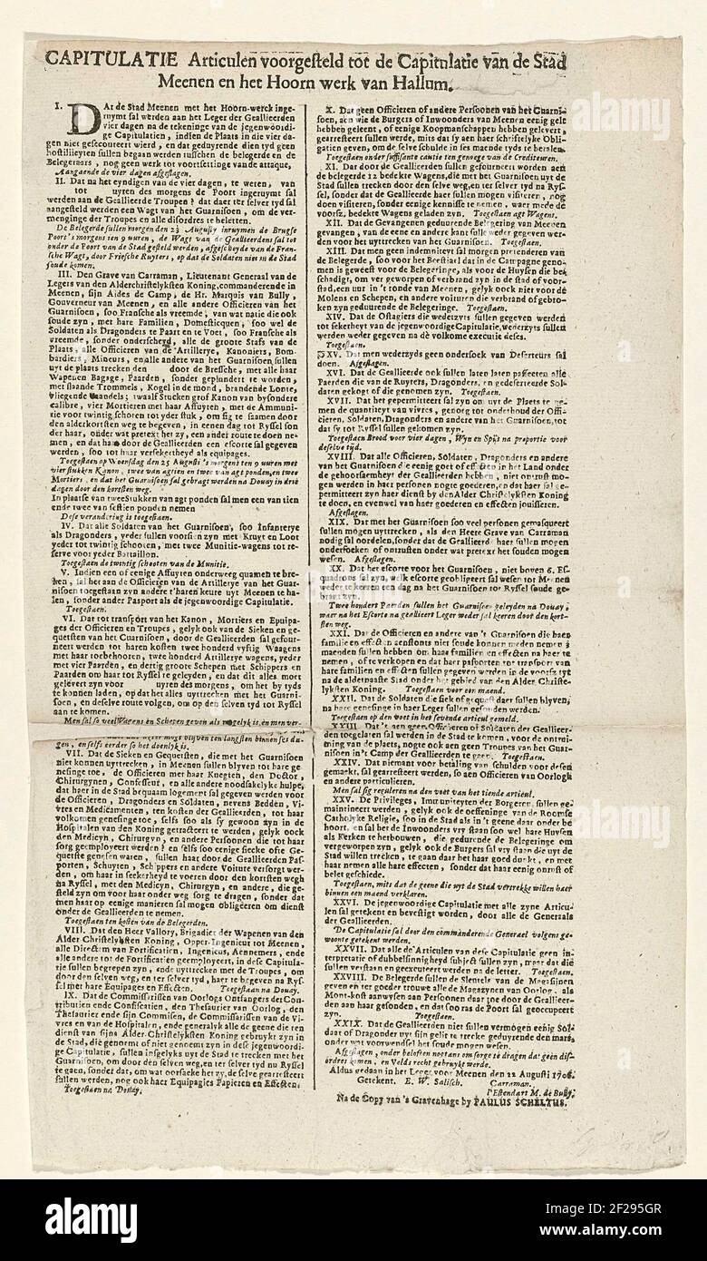 Articoli di capitolazione preparati per la resa della città di Menen, 1706; capitolazione articlulen proposto alla capitolazione della città e del corno di Hallum.text foglio con gli articoli di capitolazione preparati per la resa della città di Menen. Creduto dagli alleati dal luglio 23, compiti il 22 agosto 1706. Foto Stock