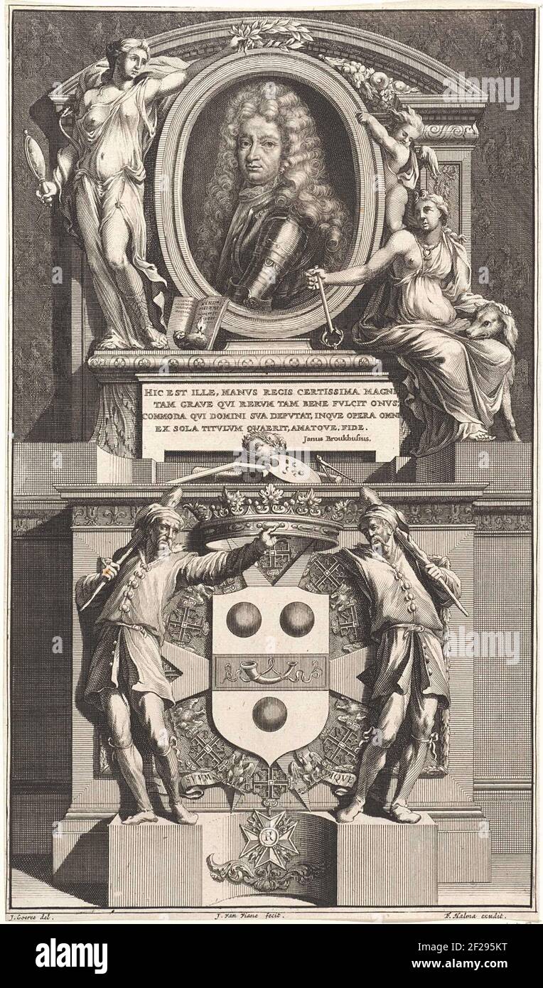 Portret van Johann Casimir Kolbe van Wartenberg II in allegorische omlijsting.Ritratto di Johann Casimir Kolbe van Wartenberg II, affiancato dalla personificazione della cautela (prudentia) con attributi serpente e specchio e la personificazione della fede con una chiave e un cane nella sua mano destra. Sotto il ritratto la cresta di famiglia che è coronata da due figure maschili con un randello ciascuno Foto Stock