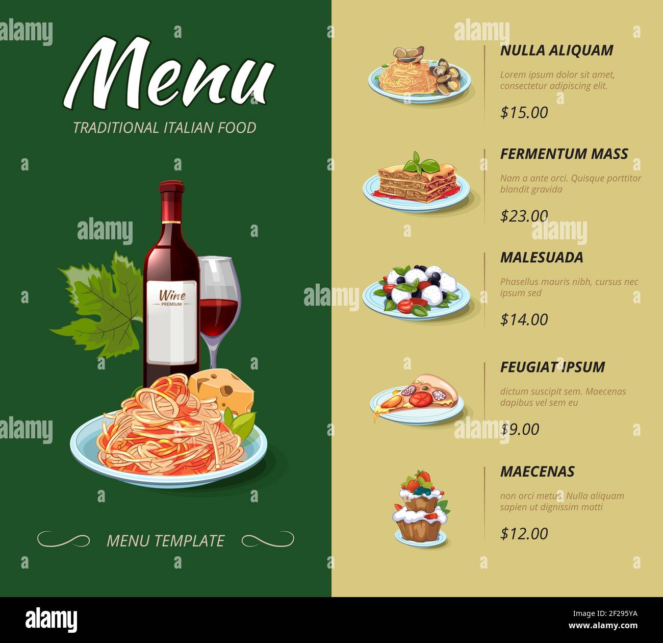 Modello di menu del ristorante italiano con illustrazione vettoriale della cucina tradizionale Illustrazione Vettoriale