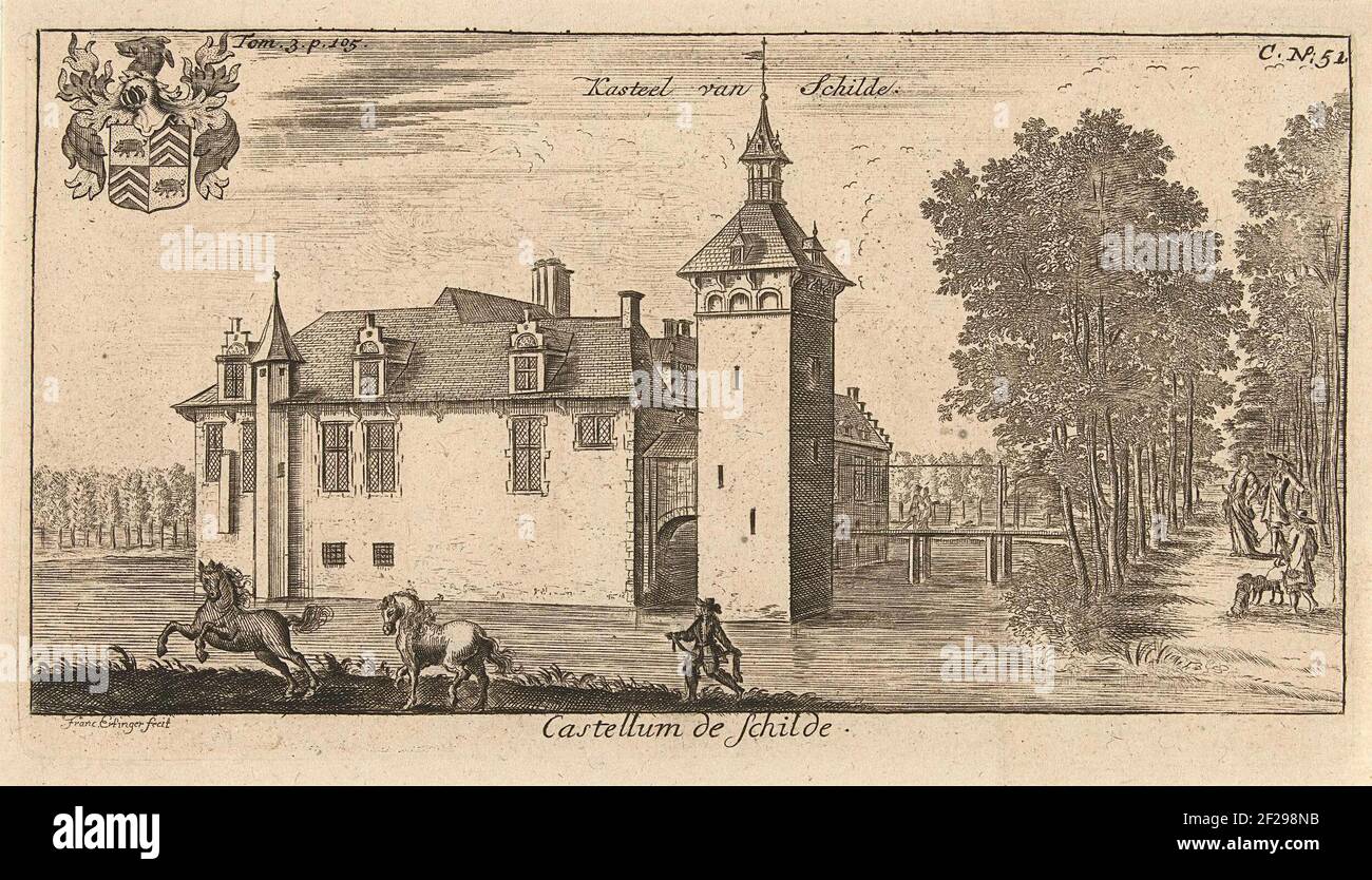 Kasteel van Schilde; Castellum de Schilde; Kastelen in Brabant.Vista del castello di Schilde, vicino Anversa. In primo piano un uomo e due cavalli. In alto a sinistra lo stemma del Werve, signori di Schillde. Foto Stock