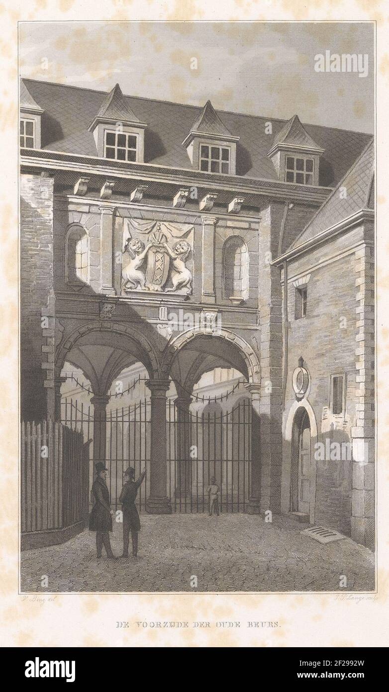 Fronte della vecchia borsa di Hendrik de Keyser ad Amsterdam; fronte della vecchia fiera.Frontispice con una faccia sulla parte anteriore della vecchia borsa di Hendrik de Keyser ad Amsterdam. Illustrazione in un libro del 1846 sulla vecchia e nuova mostra di Amsterdam. Foto Stock