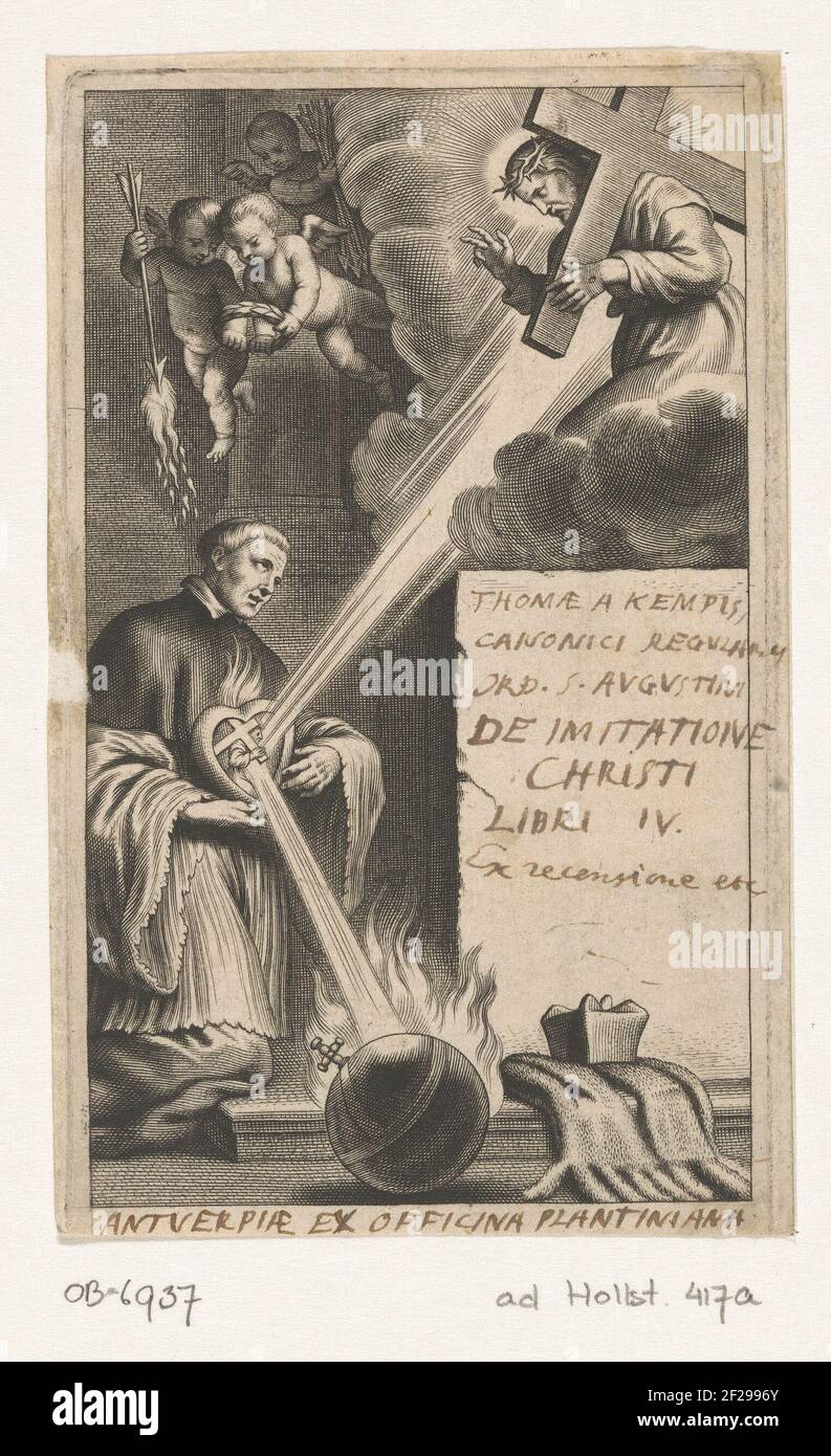 Thomas a Kempis voelt in zijn hart het lijden van Christus.Thomas a Kempis si inginocchia in preghiera. Cristo in alto a destra con la croce. I raggi vanno da Cristo al cuore di Tommaso e da lì a un globo che è messo sul fuoco. Nel suo cuore, Tommaso a Kempis sente la sofferenza di Cristo. Tre angeli portano una corona di alloro per il santo. Prova di prova per una pagina del titolo. Foto Stock