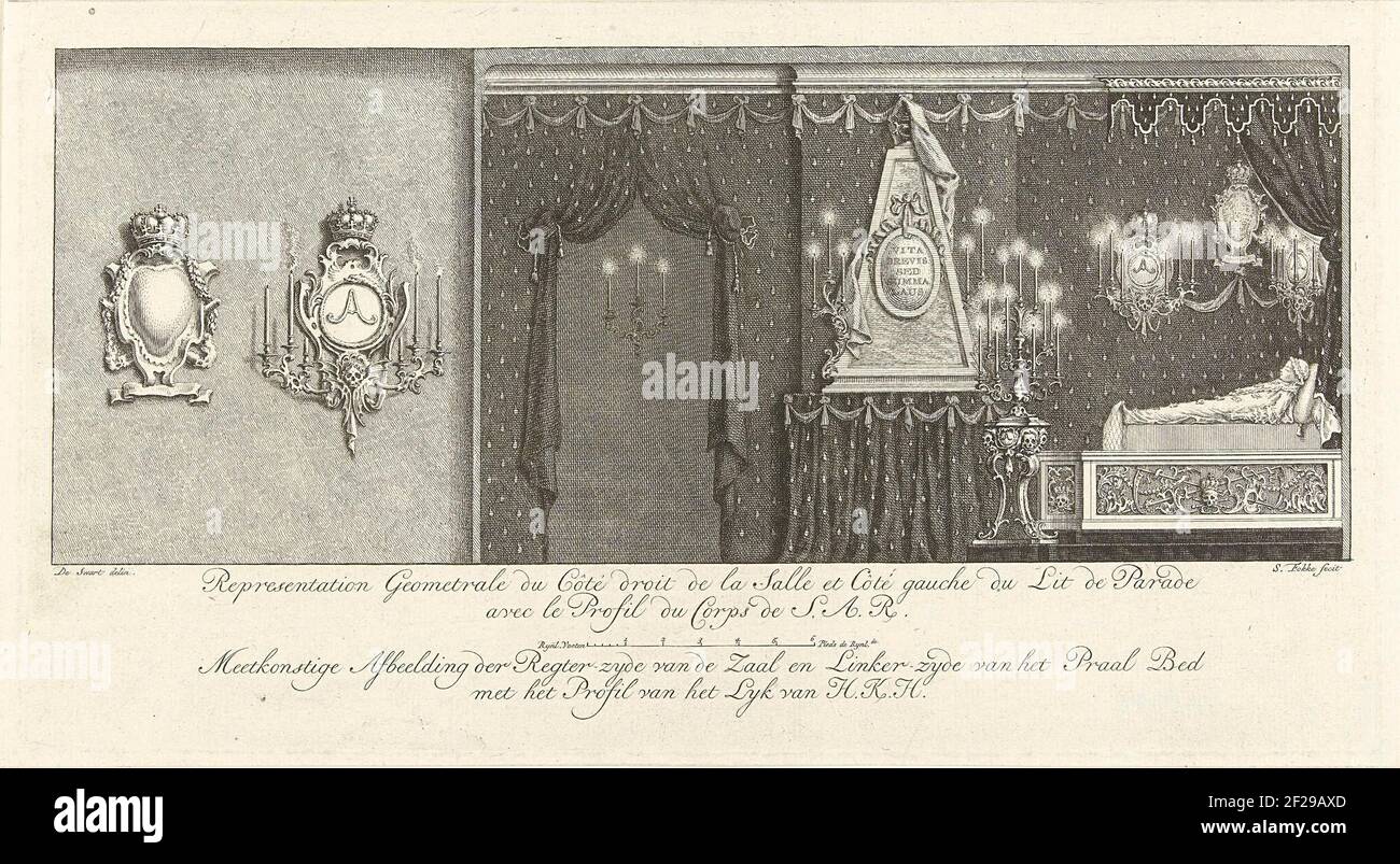 Sala parata con vista laterale del letto di spurgo con la principessa Anna, 1759; rappresentazione Geometral du Côte Droit de la Salle (...) / misurazione-consapevolezza del Regger-Zyde della stanza e sinistra-Zyde del letto della preda con H.K.H Lyk Profil.; letto preliminare della principessa Anna.Parade stanza con vista laterale del letto di purge con il Corpse fabbricato della principessa. Parte di una serie di quattro piatti del letto di purge a cui la principessa Anna van Hanover è morta il 12 gennaio 1759 ha stabilito ALCUNI giorni in febbraio. Foto Stock