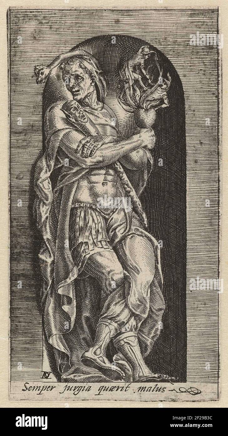 Follia del discorso. Un'armatura pazza si appoggia contro una nicchia. Ha un cuore umano ardente. Due uomini sono coinvolti in una lotta nelle fiamme. La stampa ha una didascalia in latino che avverte dei pericoli di torsione. Foto Stock