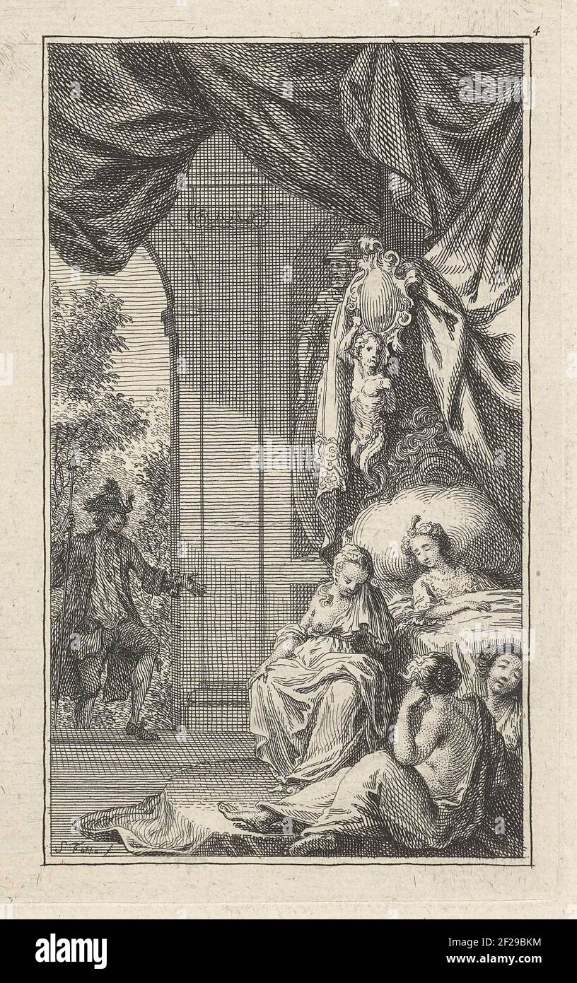 Doornroosje; Valtellingen van Moeder de Gans.Sleeping circondato da tre donne, dormendo nel suo letto. Nella porta il principe che la sveglia sta baciando. Questa stampa è fatta alla storia della Bella addormentata da 'altri ordini - Contes du TEM's Passé de ma mere l'Oye' di Charles Perrault. Foto Stock