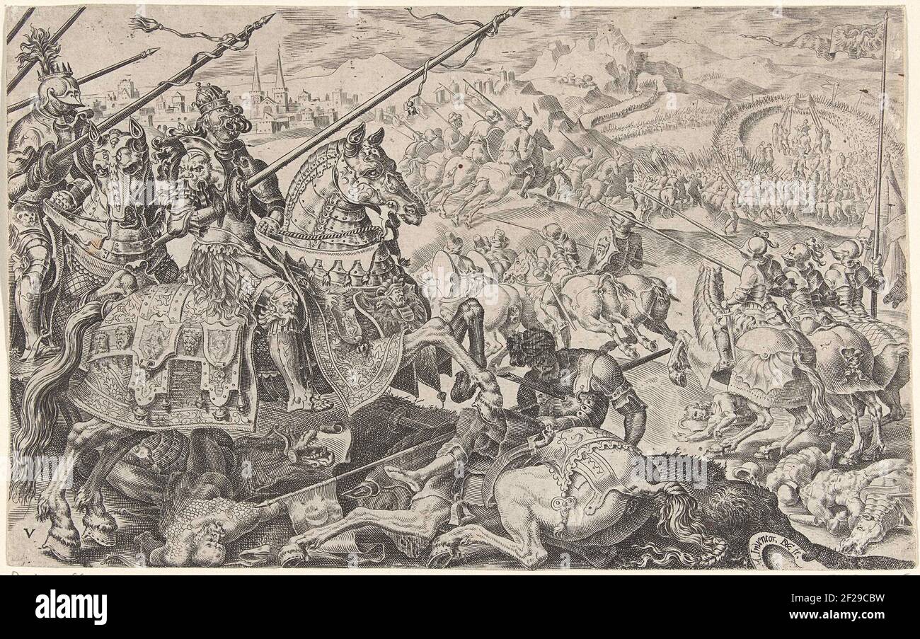 Appetlazione di Vienna, 1529; vittorie di Carlo V; Divi Caroli. V. opz. Imp. Max Victoriae, ex multi praecipuae.Keizer Karel V a cavallo con suo fratello Ferdinante dall'Ungheria alle sue spalle. Il suo esercito guida le forze d'assedio turche avevano tentato di conquistare Vienna (1529). Sullo sfondo diritto Sultano Süleyman i che soffia il ritiro. Sullo sfondo la città di Vienna. La stampa fa parte di una serie di dodici parti sulle vittorie di Karel V. Foto Stock