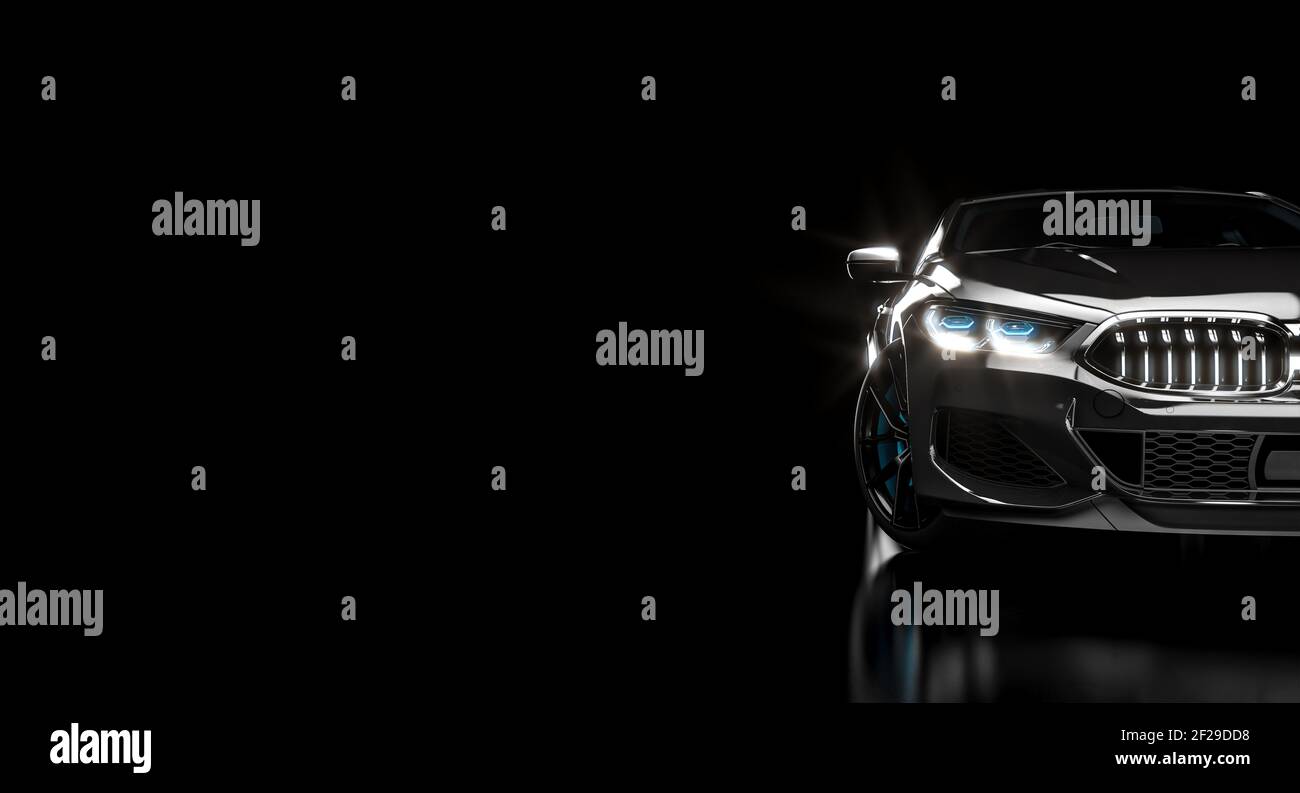 auto nera moderna e lussuosa su sfondo scuro. rendering 3d. Foto Stock