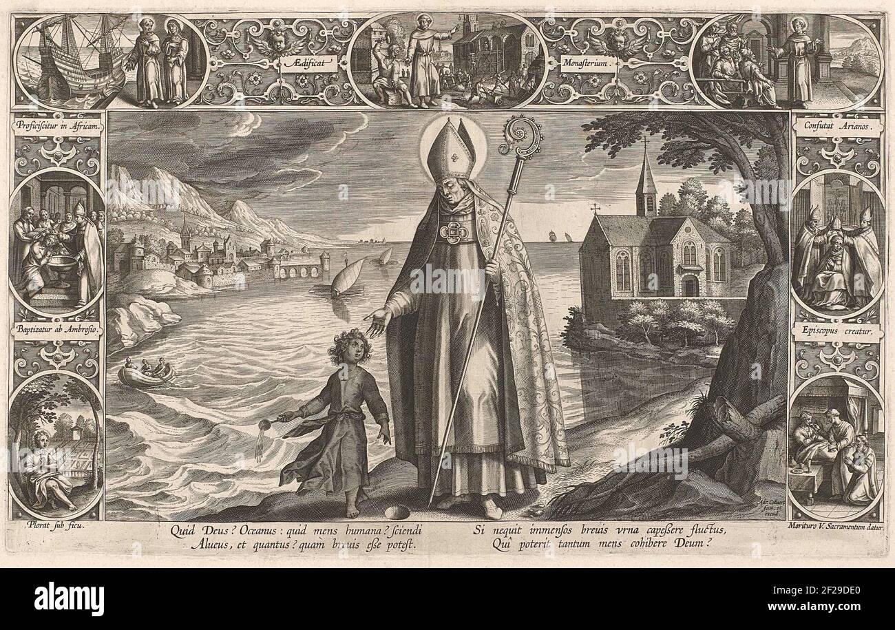 Il sacro Agostino e il bambino. Sant'Agostino sul bordo di un lago con la faccia sinistra su una città e destra una chiesa. A sinistra di lui un bambino con un cucchiaio d'acqua dal lago scheggia in un buco nel terreno. Cornice con ornamenti e scene della vita di Sant'Agostino. Da sinistra in basso a destra: Agostino Biddend in un giardino, Ambrosio Dooptino, partenza con nave in Africa, Agostino tra i lavoratori, Agostino nel monastero, Agostino è dedicato al Vescovo, Agostino riceve il sacramento sacro. Con didascalia: Quid Deus? ... MAN COHI DEUM? Foto Stock