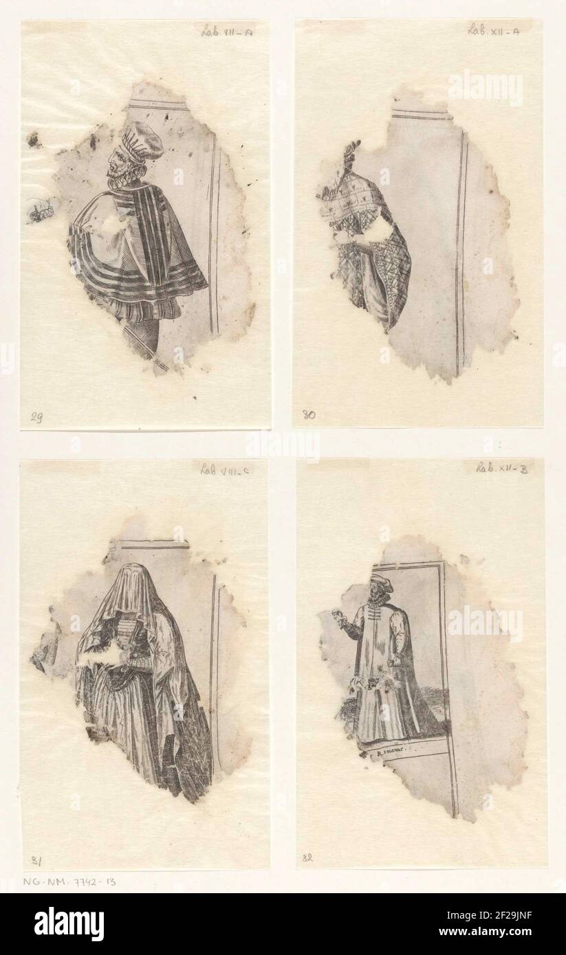 Frammenti di stampe con costumi mondani e spirituali; Omnium pene Europae, Asiae, Aphricae atque Americae gentium Habitus.frammenti dal Prento 29 al 32. Foto Stock