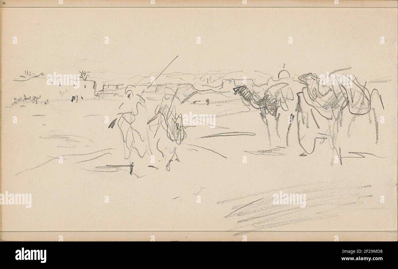 Karavaan in een woestijnlandschap.in background una città, presumibilmente biskra. Pagina 36 da un libro di schizzo con 31 fogli. Foto Stock