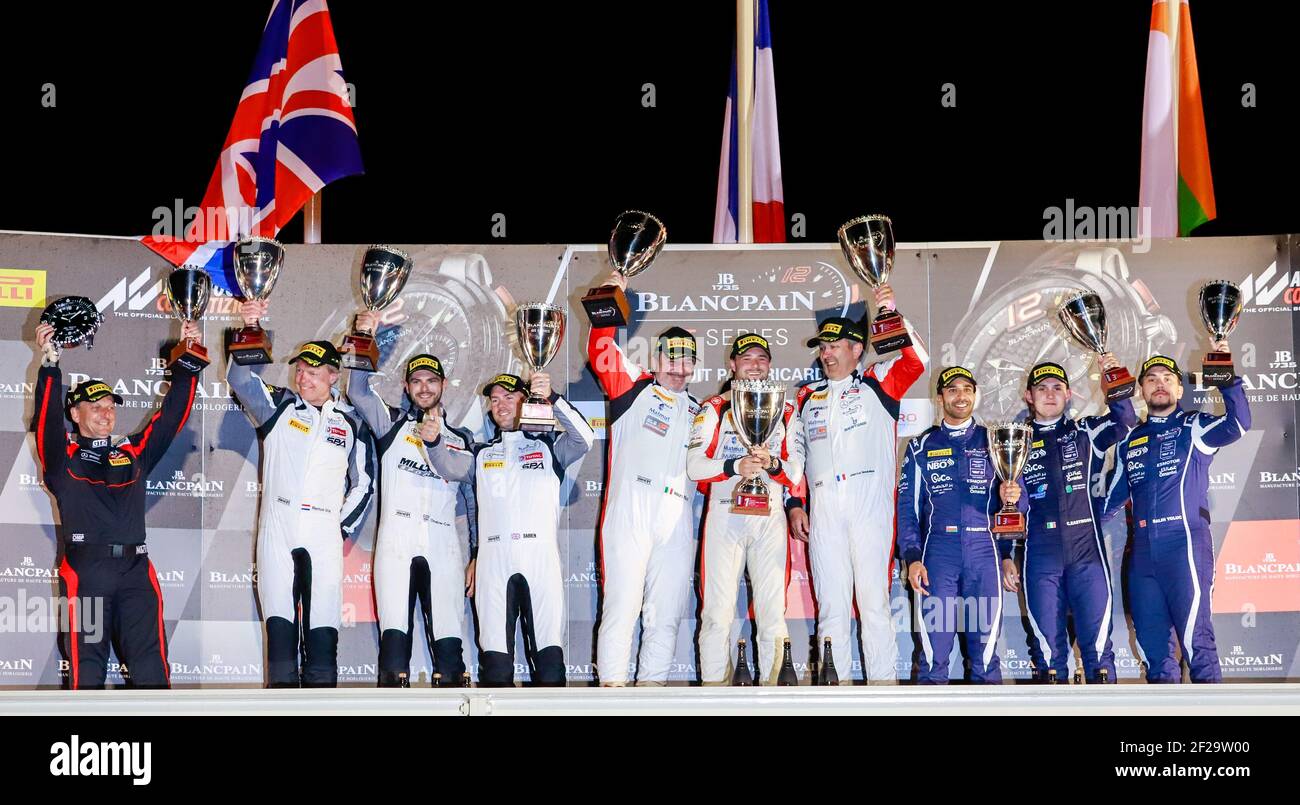 Podio P.AM, PLA Jim, RICCI Mauro, BEAUBELIQUE Jean-Luc, Mercedes-AMG GT3, AKKA ASP Team, 97 YOLUC Salih, al HARTHY Ahmad, EASTWOOD Charlie, Aston Martin Vantage AMR GT3, Oman Racing con TF Sport, 188 WEST Alexander, HARRIS Chris, GOODWIN Chris, Aston Martin Vantage AMR GT3, Garage 59, ritratto durante la Coppa Endurance 2019 Blancpain GT Series. 1000 km du Paul Ricard, le Castellet, dal 31 maggio al 2 giugno, Francia - Foto Marc de Mattia / DPPI Foto Stock