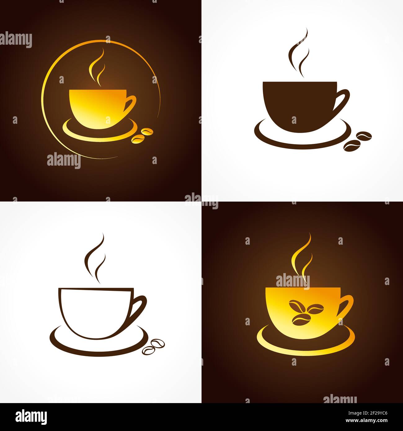 Il logotipo con i chicchi di caffè dorati per le caffetterie e le caffetterie. Emblema di branding color oro in stile tradizionale. Disegno grafico astratto isolato Illustrazione Vettoriale