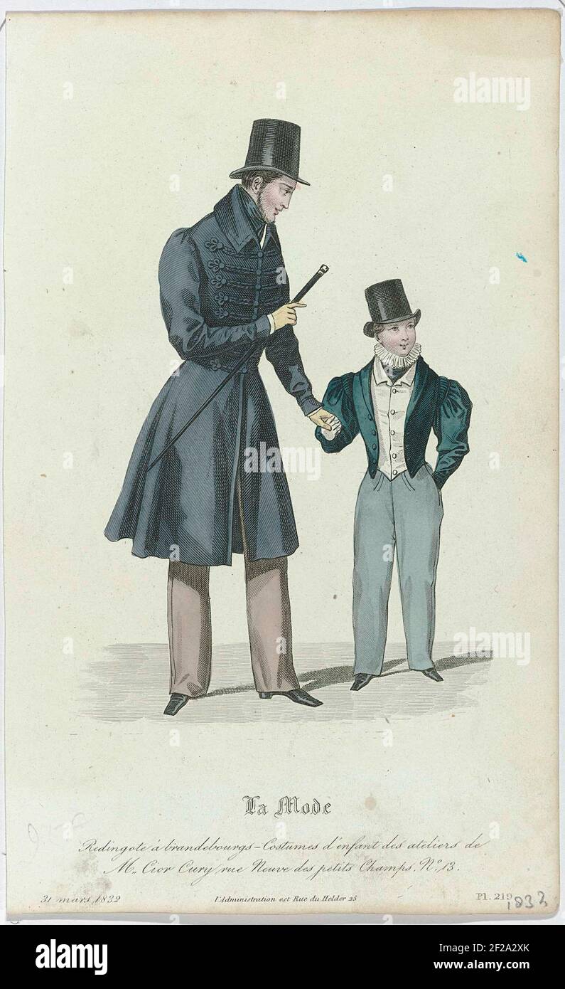 La Mode, 31 Mars 1832, Pl. 219 : Redingote à brandepourgs-costumi (...).Redingote con BrandeBourgs. Pantaloni lunghi. Accessori: Cappello, guanti, bastone da passeggio, scarpe con tacchi e nasi quadrati. Il vestito del ragazzo proviene dall'atelier di m.cior-cury. Giacca, cardigan e pantaloni lunghi. Collare pieghettato. Cappello alto. Scarpe con naso quadrato. Stampa dal caricatore modalità la (1829-1855), copia su PL. 2967, 15 marzo 1832, da Journal des Laden et des Modes, Parigi, 1797-1839. Foto Stock
