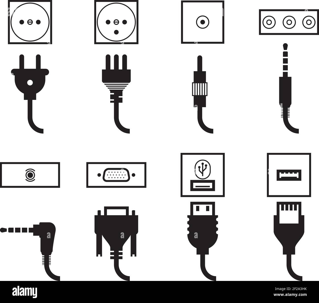 Set di icone per prese elettriche e spine. Presa di corrente, connettore  video jack, USB e standard audio, collegamento a filo, illustrazione  vettoriale Immagine e Vettoriale - Alamy