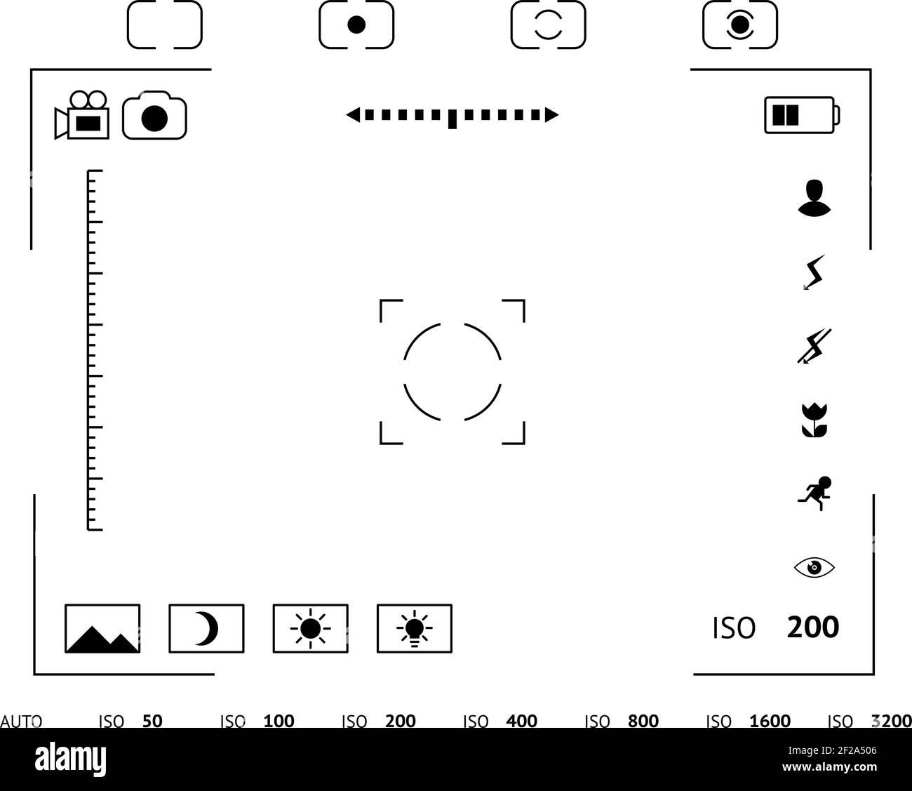 Display del mirino della fotocamera. Esposizione e messa a fuoco della composizione, zoom elettronico, fotografia ottica, mirino e schermo, illustrazione vettoriale Illustrazione Vettoriale