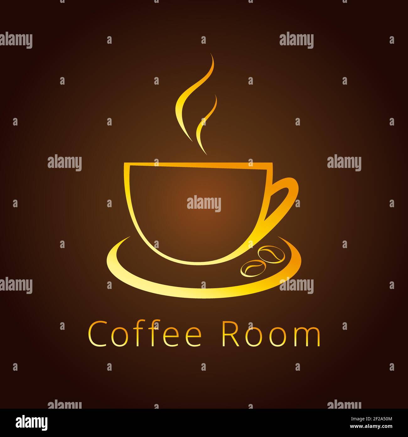 Il logotipo con i chicchi di caffè dorati per le caffetterie e le caffetterie. Emblema di branding color oro in stile tradizionale. Disegno grafico astratto isolato Illustrazione Vettoriale