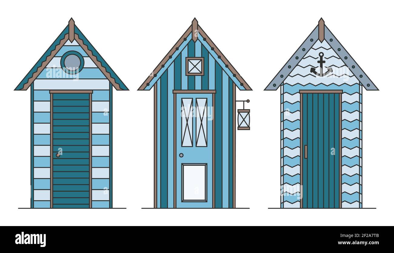 Set di case sulla spiaggia. Capanne e bungalow collezione. Edifici marini sulla spiaggia di mare. Illustrazione piatta isolata su sfondo bianco. Illustrazione Vettoriale