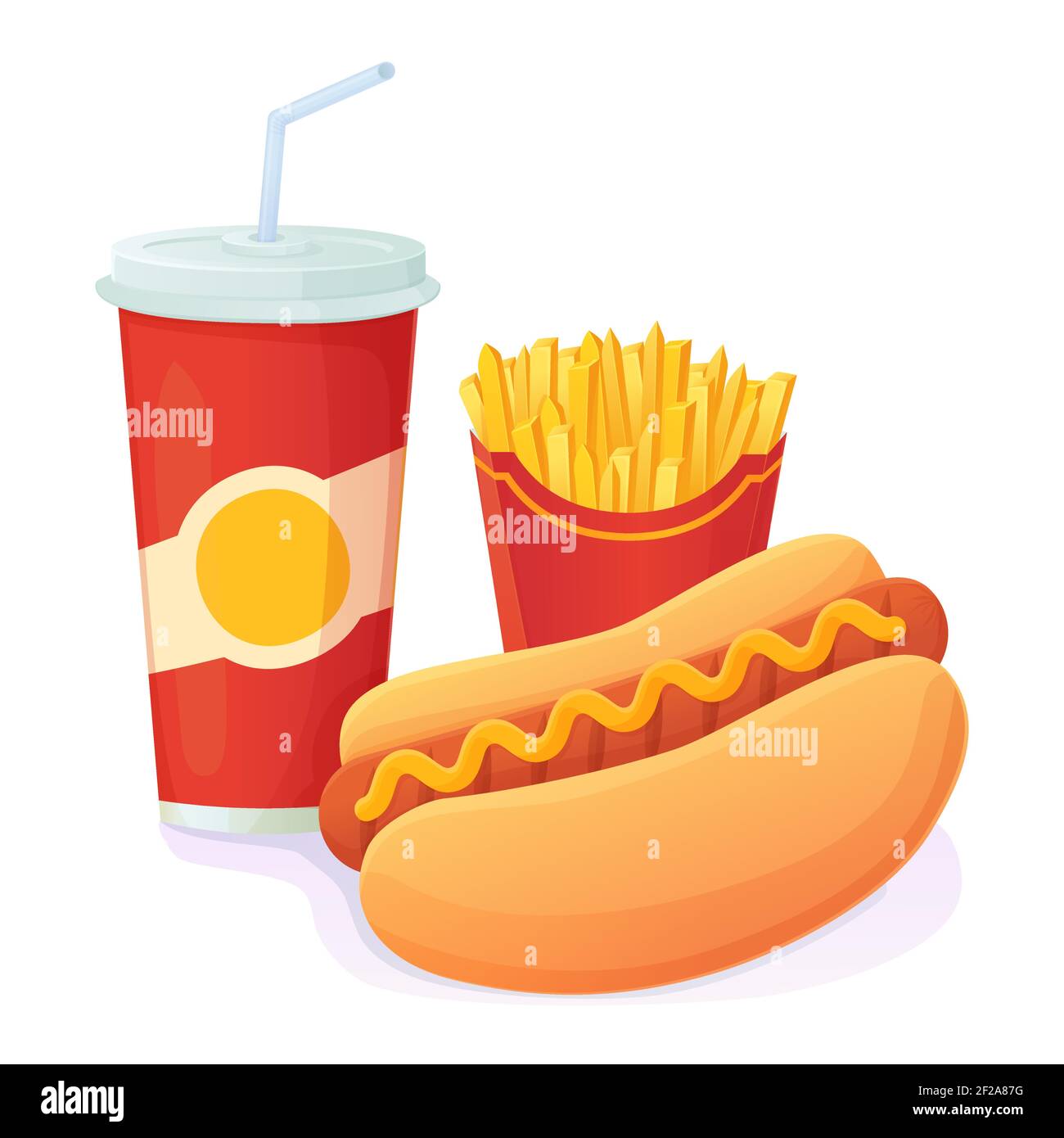 Gustoso Hot Dog luminoso con bibita e patatine fritte combo. Mondo no dieta giorno, unhealthy fast food concetto. Può essere utilizzato per Web, menu, banner Illustrazione Vettoriale