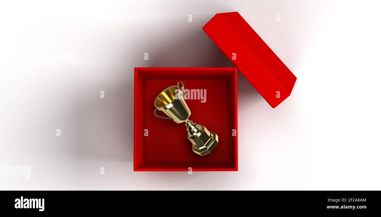 Confezione regalo isolata quadrata rossa in rendering 3D con ombra sfumata su sfondo bianco: Confezionata con un premio trofeo d'oro. Vittoria di tazza Foto Stock