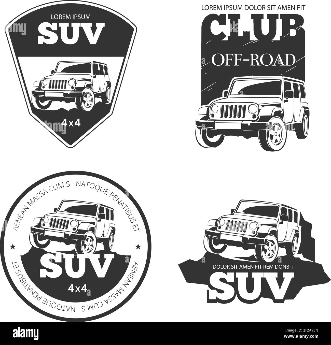 Emblemi, etichette e loghi vettoriali per auto SUV. Spedizione estrema fuoristrada, illustrazione di un veicolo 4x4 Illustrazione Vettoriale