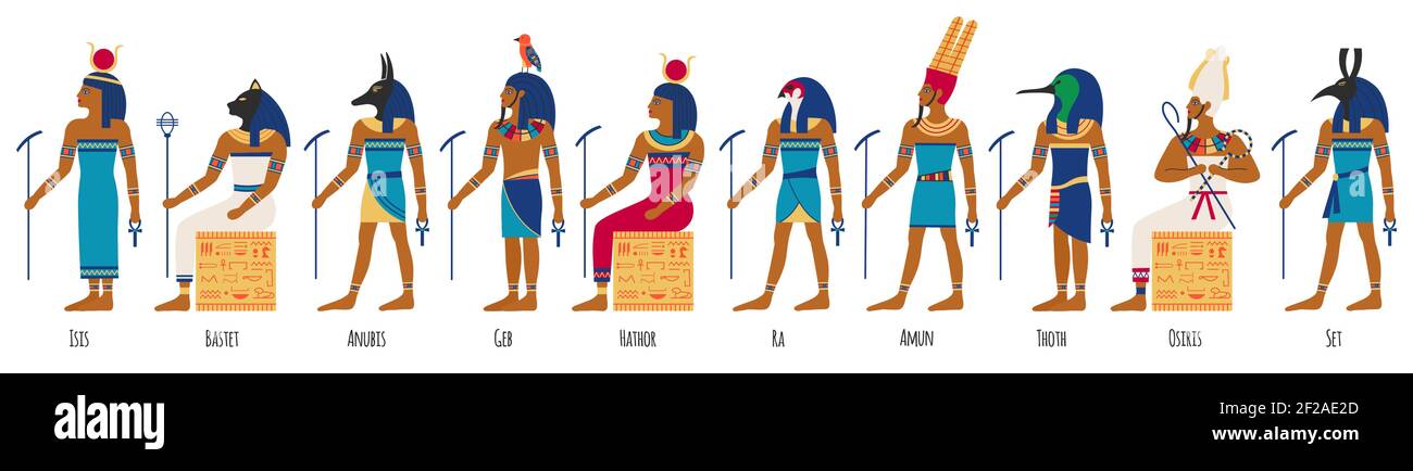 Antichi dèi egizi. Divinità della cultura egiziana, Anubis, Osiride, Iside, Bastet e Amun Ra. Set di illustrazioni vettoriali dei caratteri storici della cultura egiziana Illustrazione Vettoriale