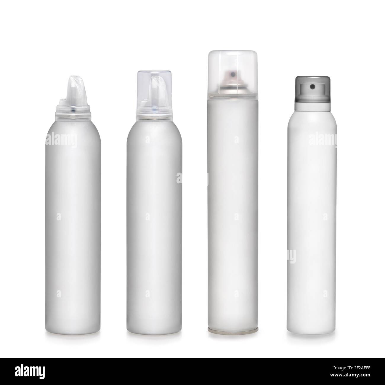 Spruzzare bottiglie e contenitori in schiuma per capelli senza etichette sfondo bianco Foto Stock