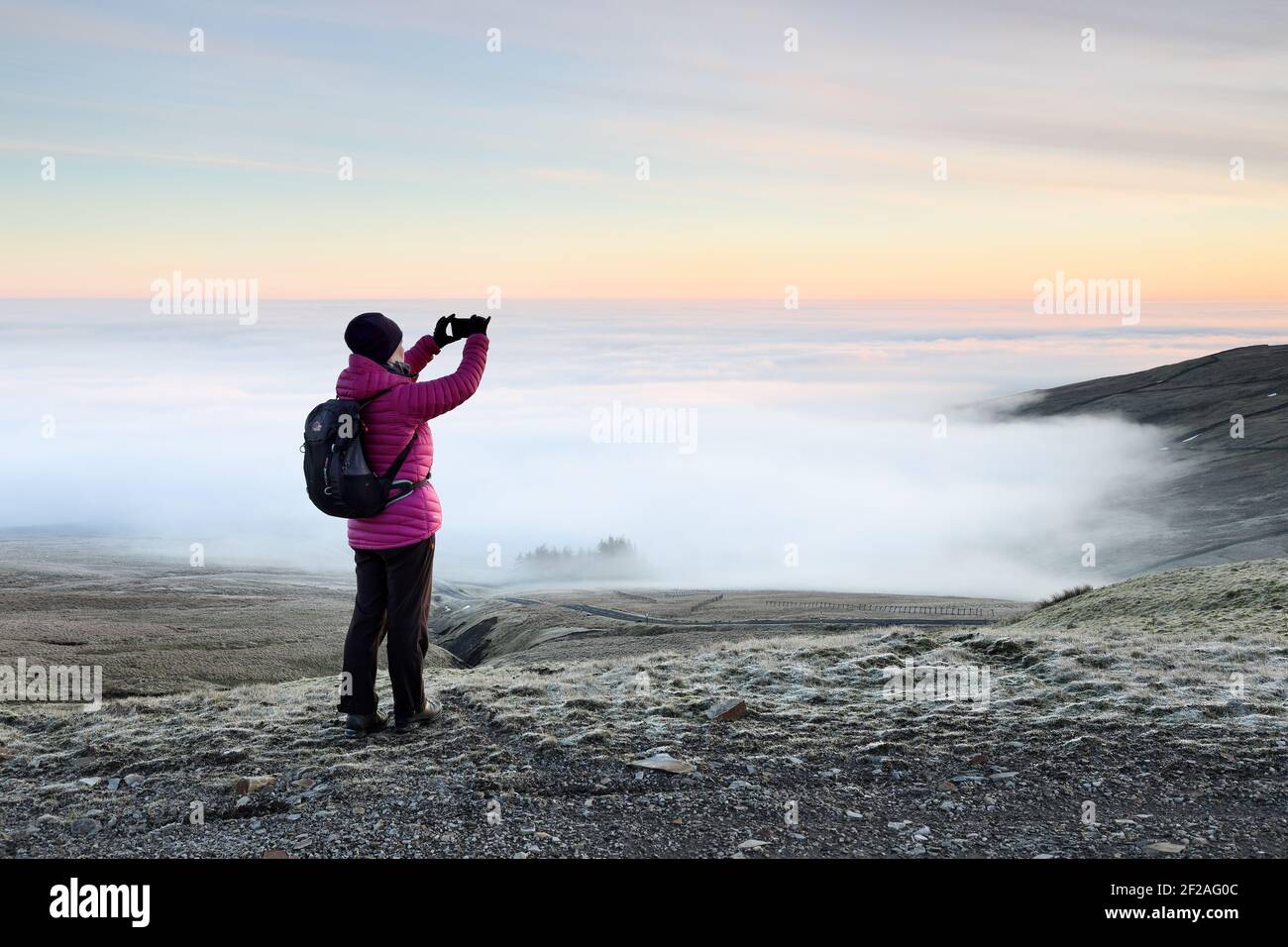 Una Walker che fotografa una valle riempita di nuvola sul suo telefono a Dawn nel Nord Pennines, Weardale, contea Durham, Regno Unito Foto Stock