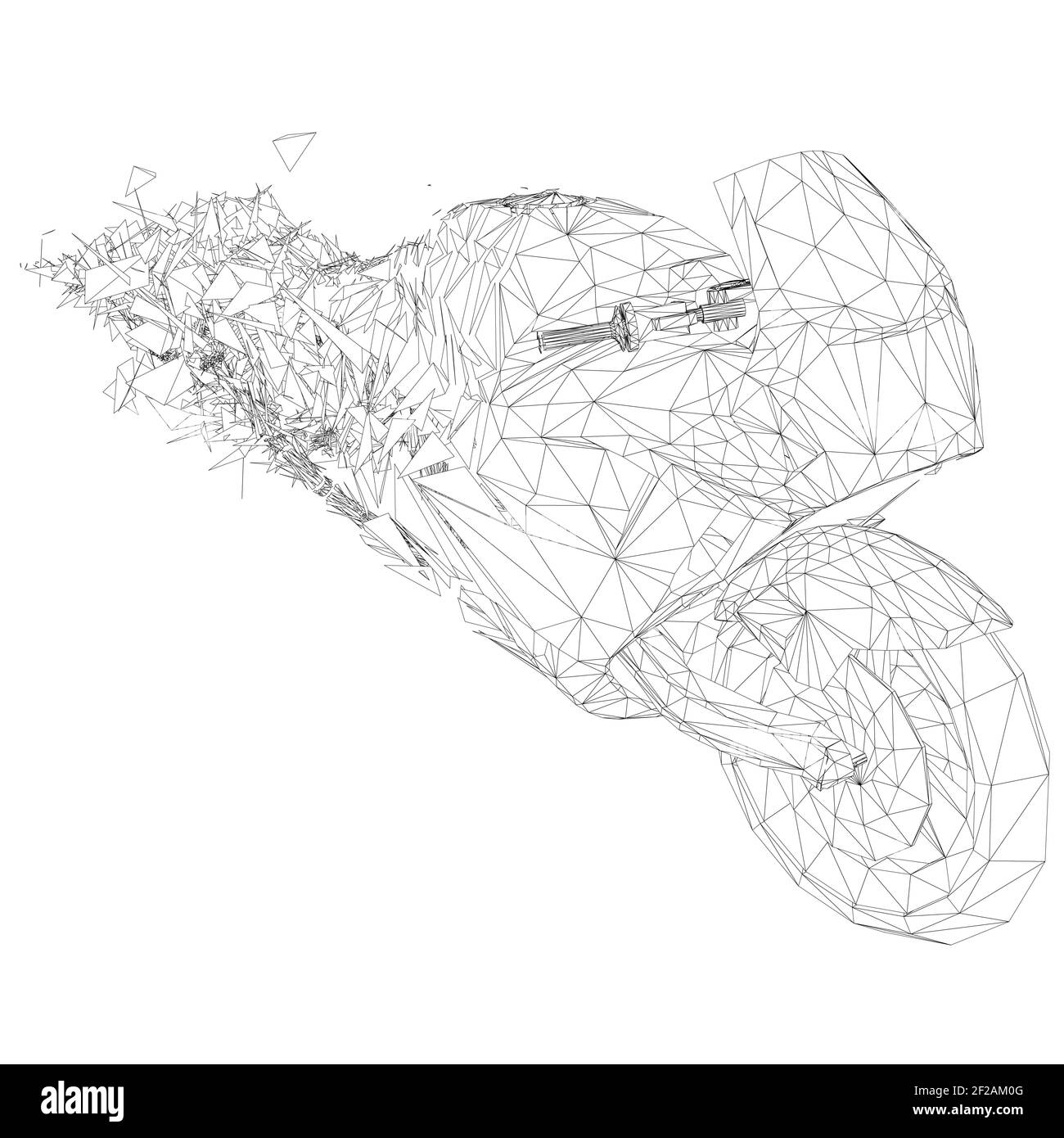 La struttura a reticolo della motocicletta si sta sgretolando in piccoli frammenti. Vista prospettica. 3D. Illustrazione vettoriale. Illustrazione Vettoriale