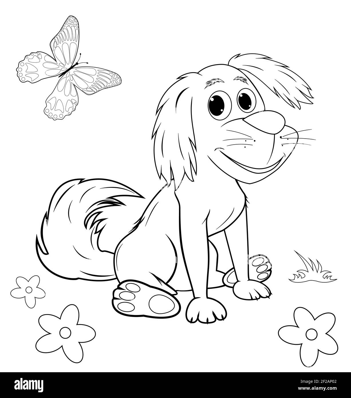 Cane seduto nei contorni per la pagina da colorare. Schizzo di un cane su sfondo bianco. Illustrazione Vettoriale