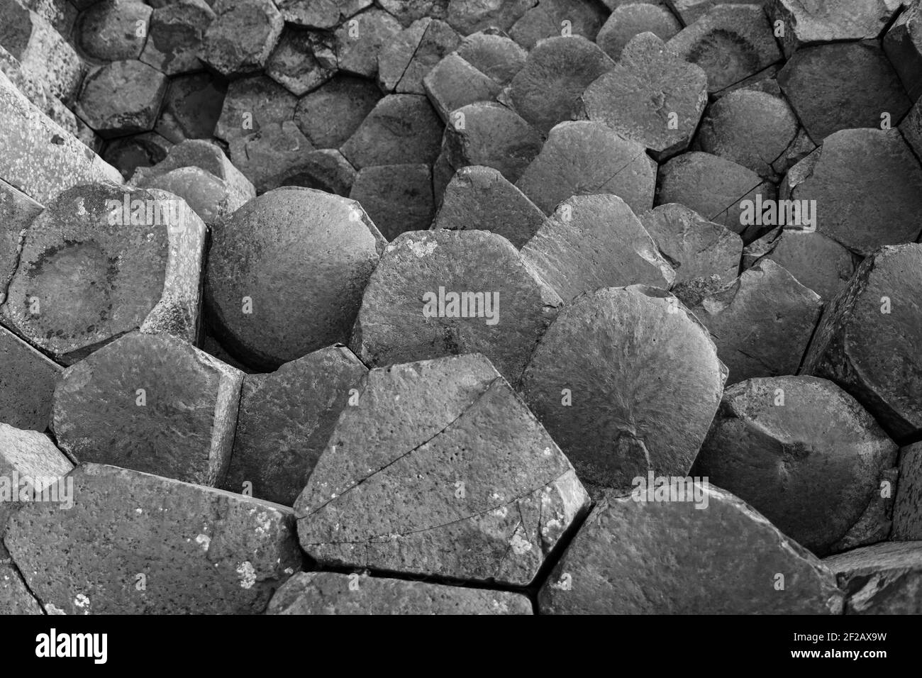 Giant Causeway Black & White, rocce, strada rialzata gigante, irlanda del Nord, rocce basaltiche, Finn MacCool, Fionn mac Cumhaill, Giant Way, Bianco e nero Foto Stock