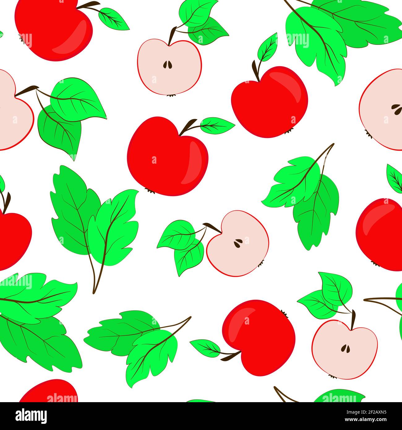 Modello ripetitivo senza cuciture con mele. Mele rosse con foglie, intere e a metà. Sfondo luminoso continuo con frutti per il desig del confezionamento tessile Illustrazione Vettoriale