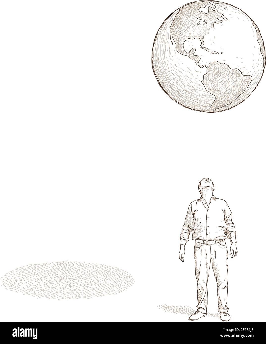 Uomo che guarda il globo. Il problema della sostenibilità ambientale. Disegno vettoriale a mano libera. Illustrazione Vettoriale