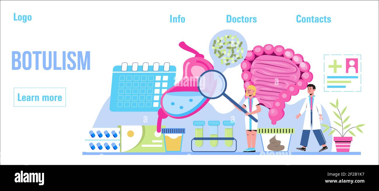 Vettore di concetto di botulismo. I piccoli medici curano lo stomaco, l'intestino. Avvelenamento alimentare, infezione da tossina botulinica. Illustrazione gastroenterologica per medico b Illustrazione Vettoriale