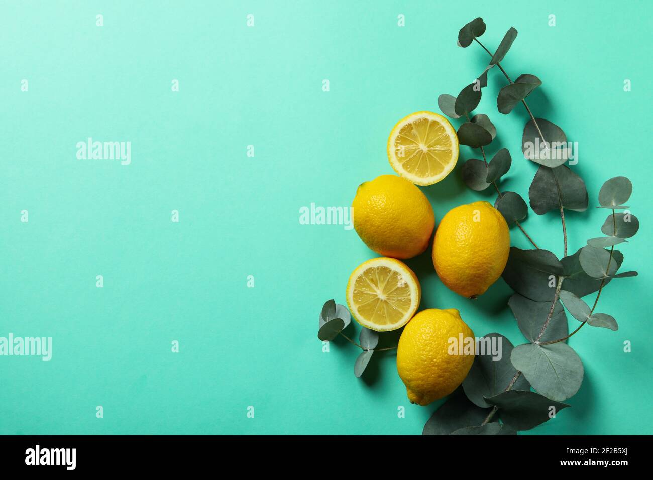 Bellissimo ramo di eucalipto e limoni su uno sfondo di menta, composizione piatta di agrumi freschi e vegetazione Foto Stock