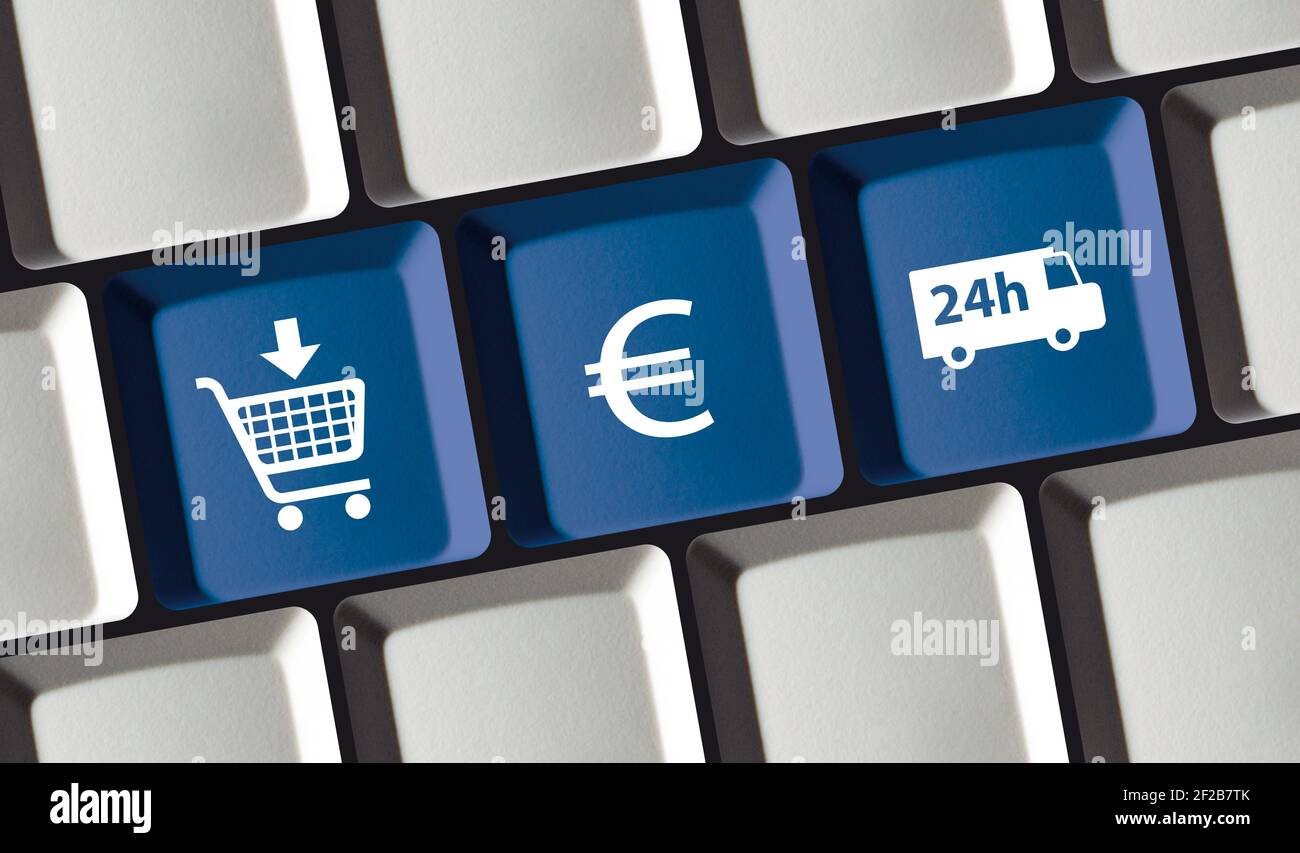 Il principio del negozio online sull'icona del carrello del carrello della tastiera del computer dell'euro acquista paga consegna Foto Stock