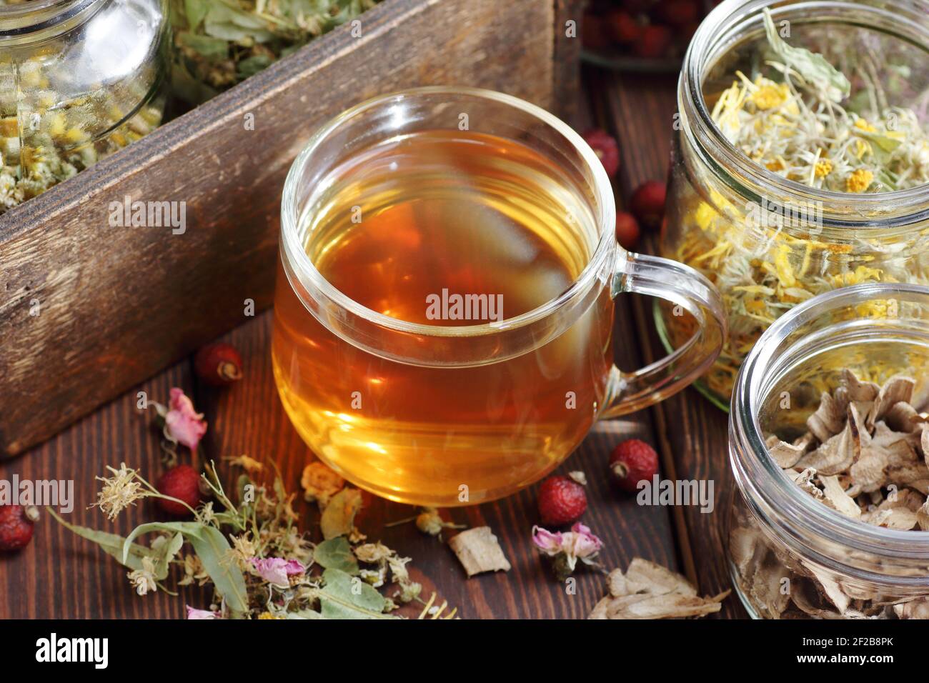Tè alle erbe e vasetti con erbe aromatiche secche: Camomilla, tiglio, calendula, burdock, rosehips e fiori, closeup, copia spazio, naturopatia e natu Foto Stock