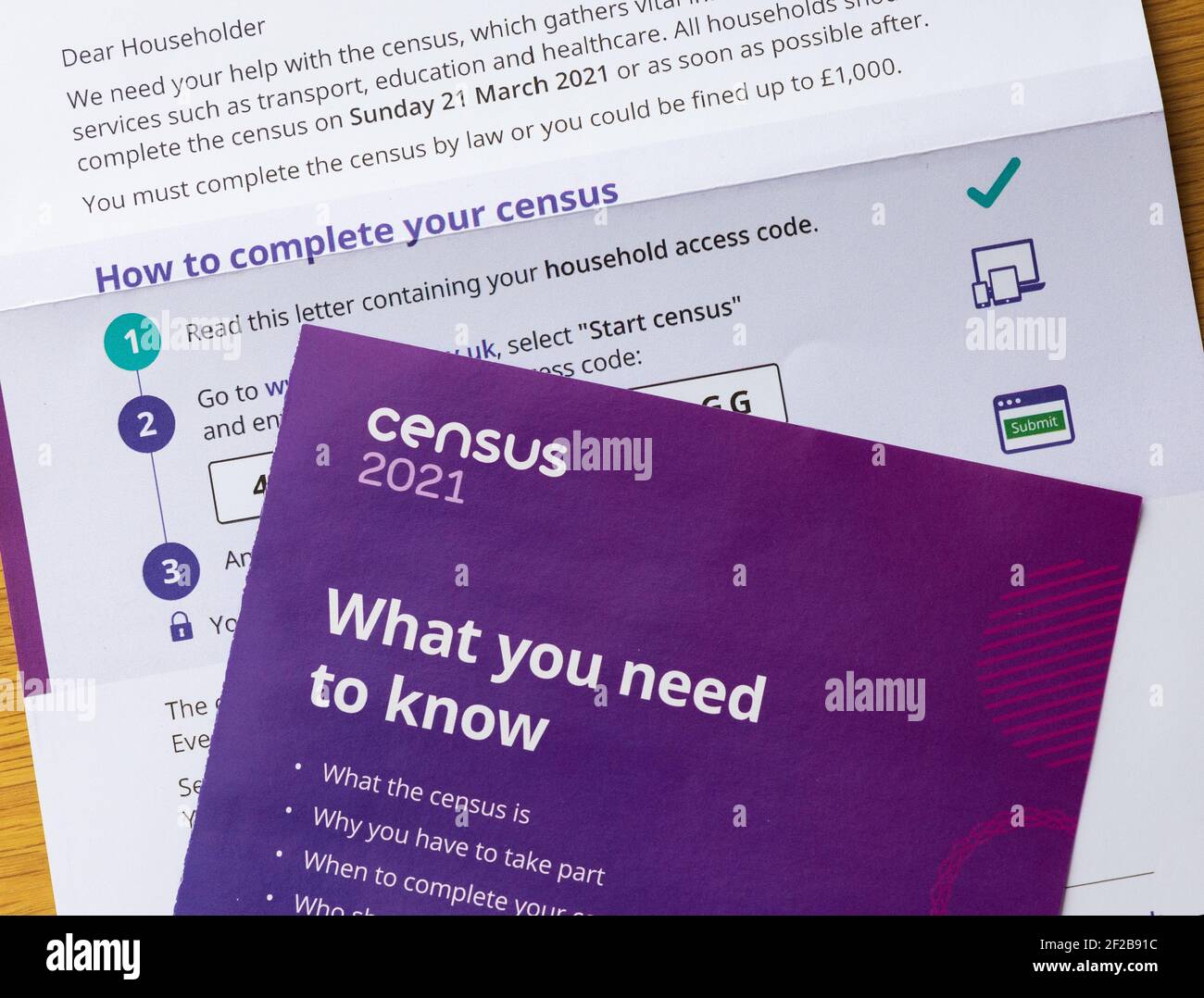 Opuscolo e lettera inviati alle famiglie britanniche contenenti un codice di accesso per completare online il censimento del Regno Unito 2021. Foto Stock