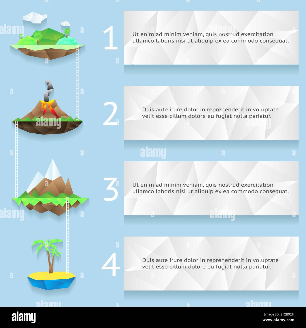 Isole poly basse con infografiche di passi e numeri. Paesaggio e ambiente, palma e scala, vulcano e viaggi, illustrazione vettoriale Illustrazione Vettoriale